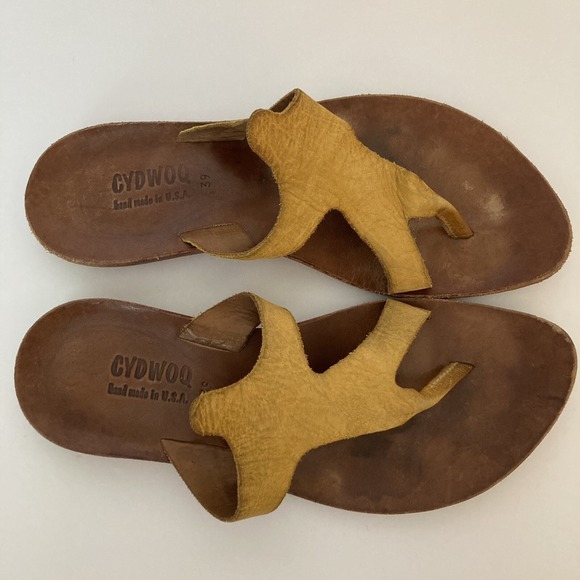 Cydwoq Foliage Leather Sandals Womens 39 9 US Mustard Yellow Made in USA Boho